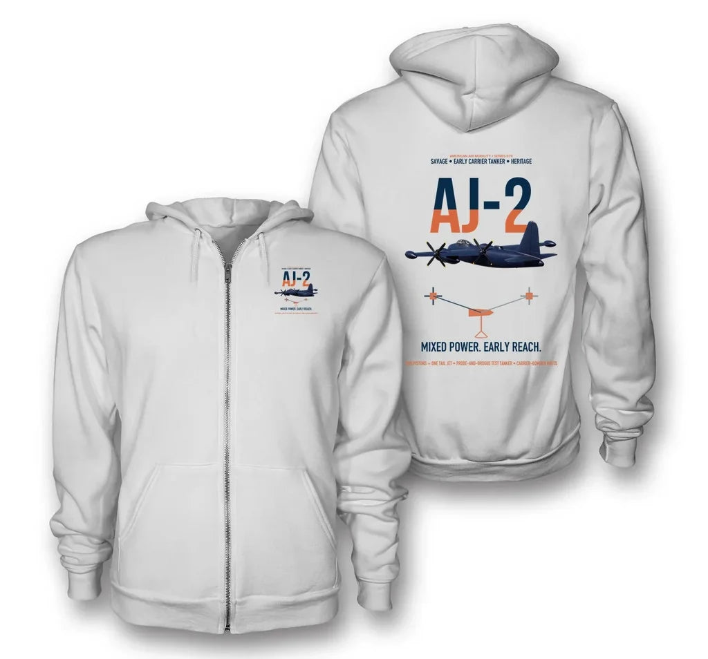 AJ-2 Savage Tanker design on white premium zipped hoodie, double-side print