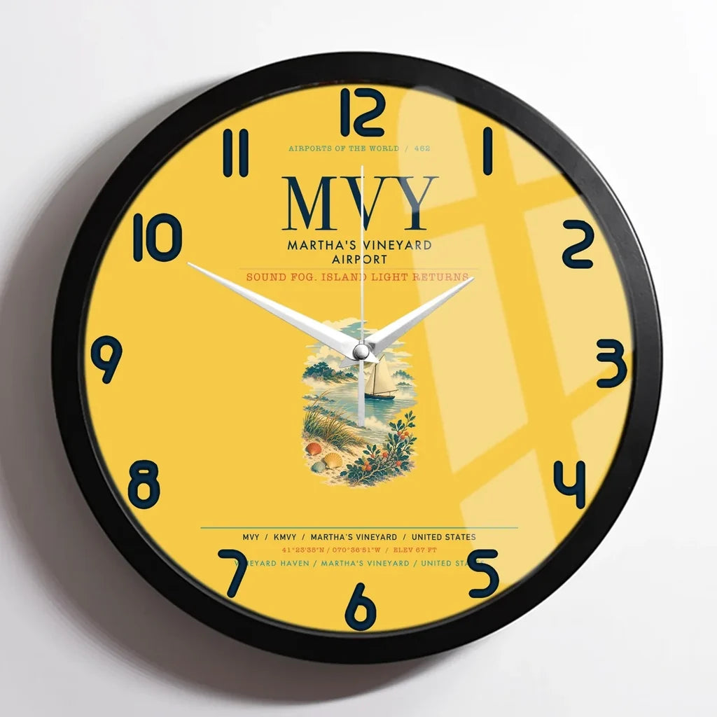 Martha's Vineyard Airport (MVY) design on yellow framed wall clock