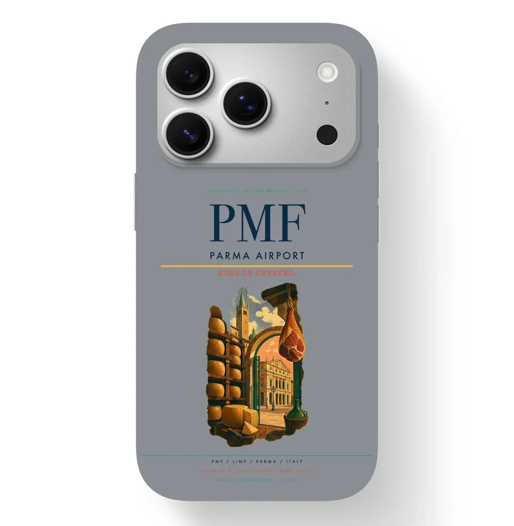 Parma Airport (PMF) design on gray iPhone 17 Pro MagSafe case
