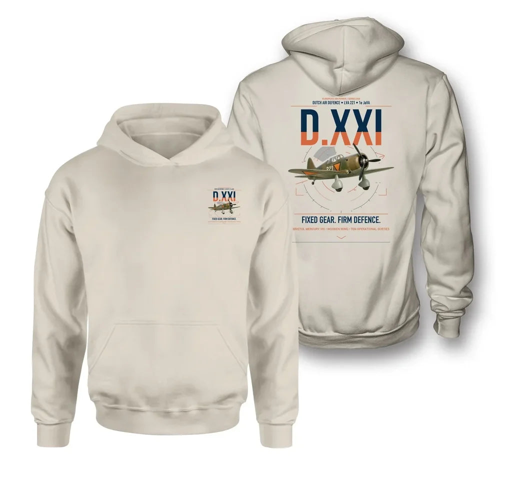 Fokker D.XXI — Dutch LVA aircraft 221 design on khaki double-side hoodie, double-side print