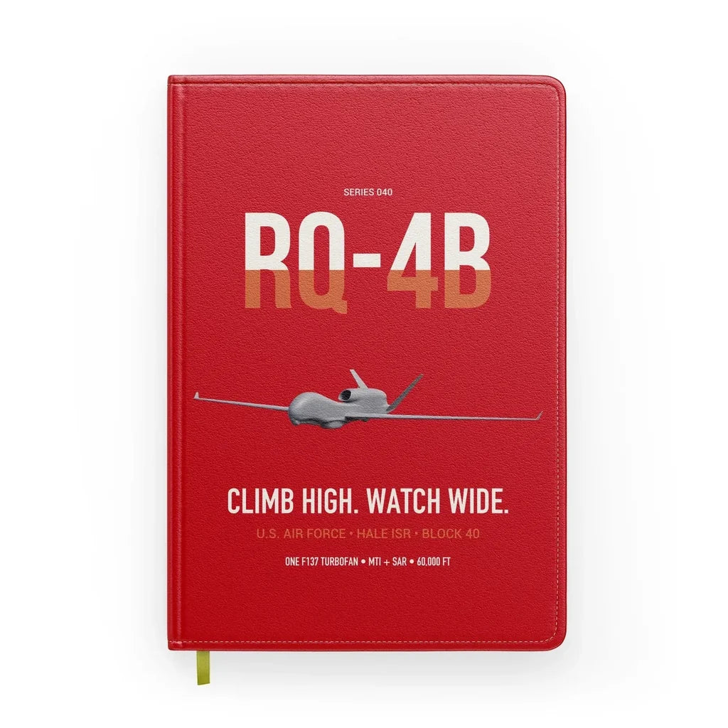 RQ-4B Global Hawk design on red notebook