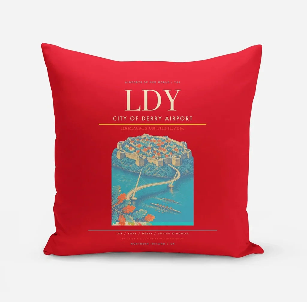 City of Derry Airport (LDY) design on red pillow