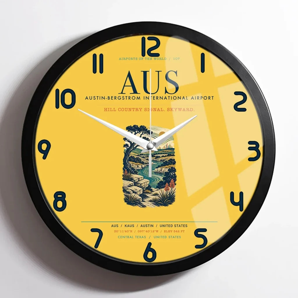 Austin-Bergstrom International Airport (AUS) design on yellow framed wall clock