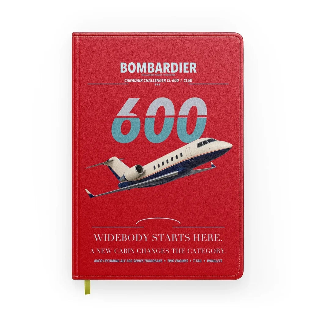 Bombardier Challenger 600 design on red notebook
