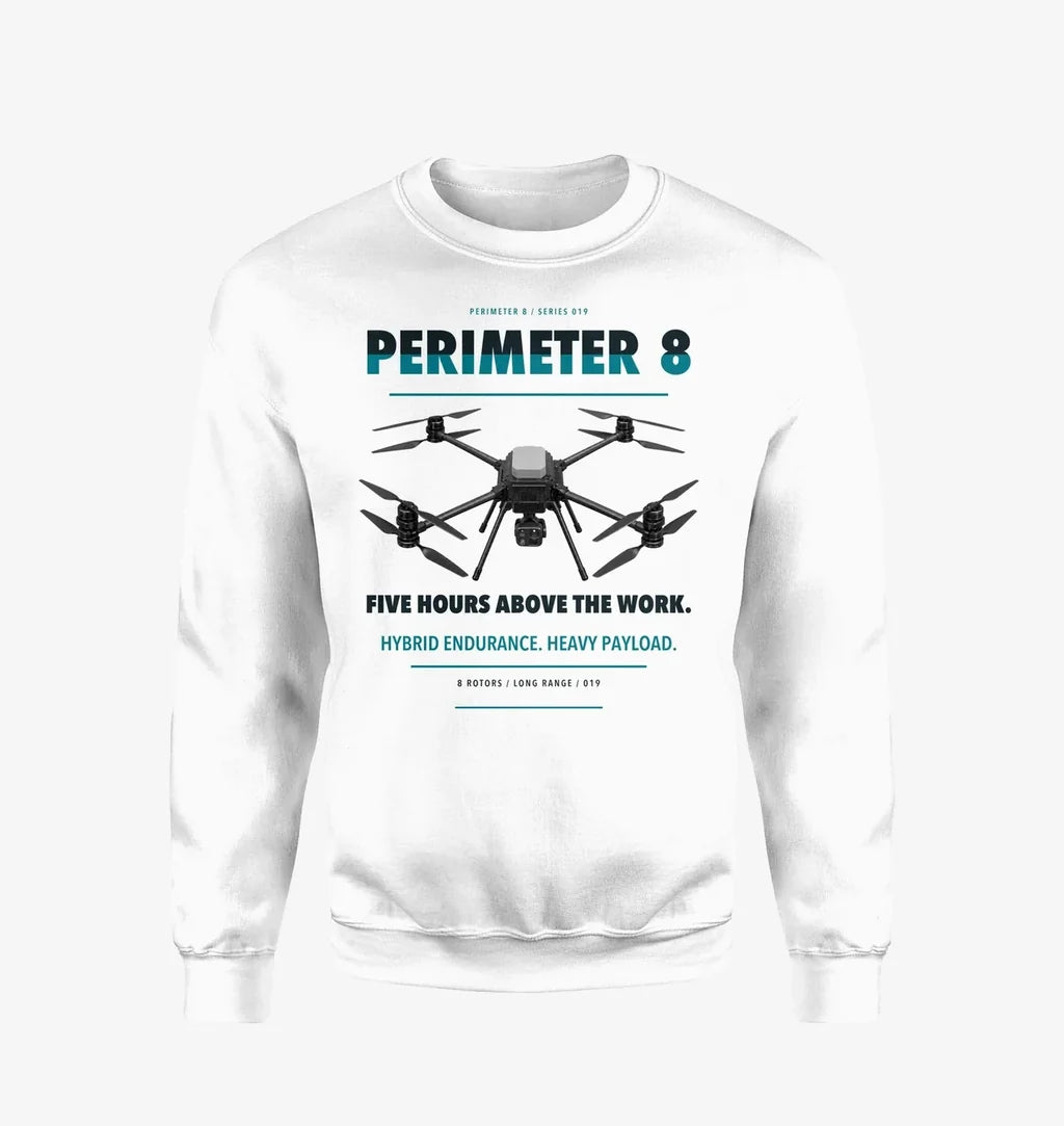 Skyfront Perimeter 8 design on white sweatshirt