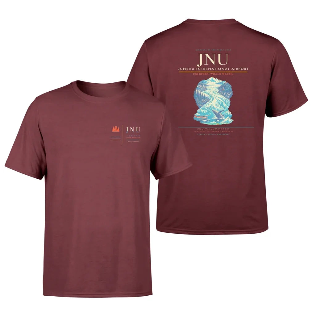 Juneau International Airport (JNU) design printed on dark red double-side t-shirt