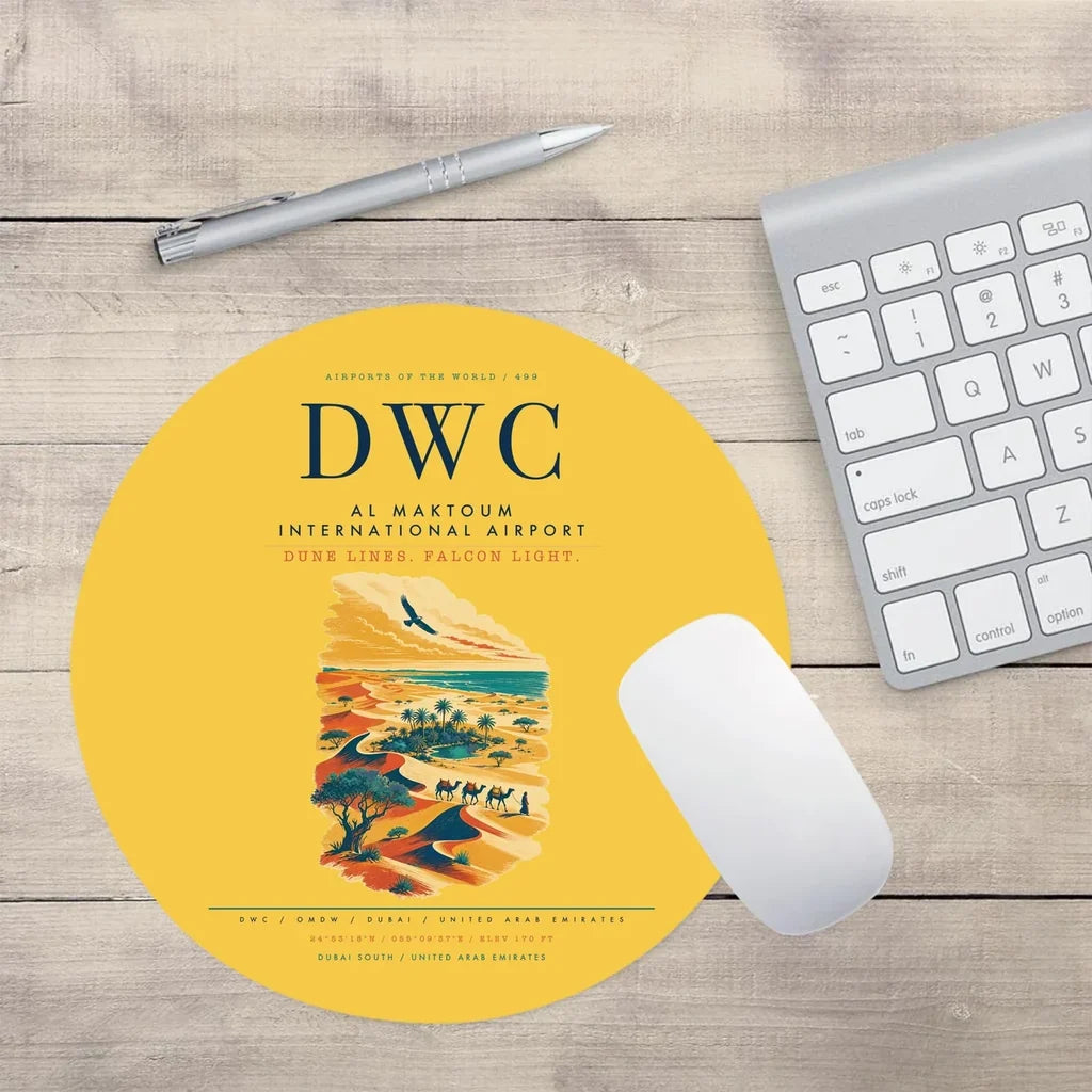 Al Maktoum International Airport (DWC) design on yellow round mouse pad