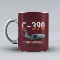 Thumbnail for C-390 Millennium design on dark red ceramic mug, double-side print