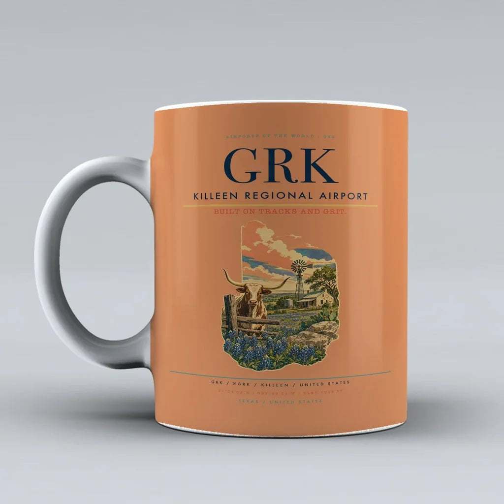 Killeen Regional Airport (GRK) airport code design on orange ceramic mug