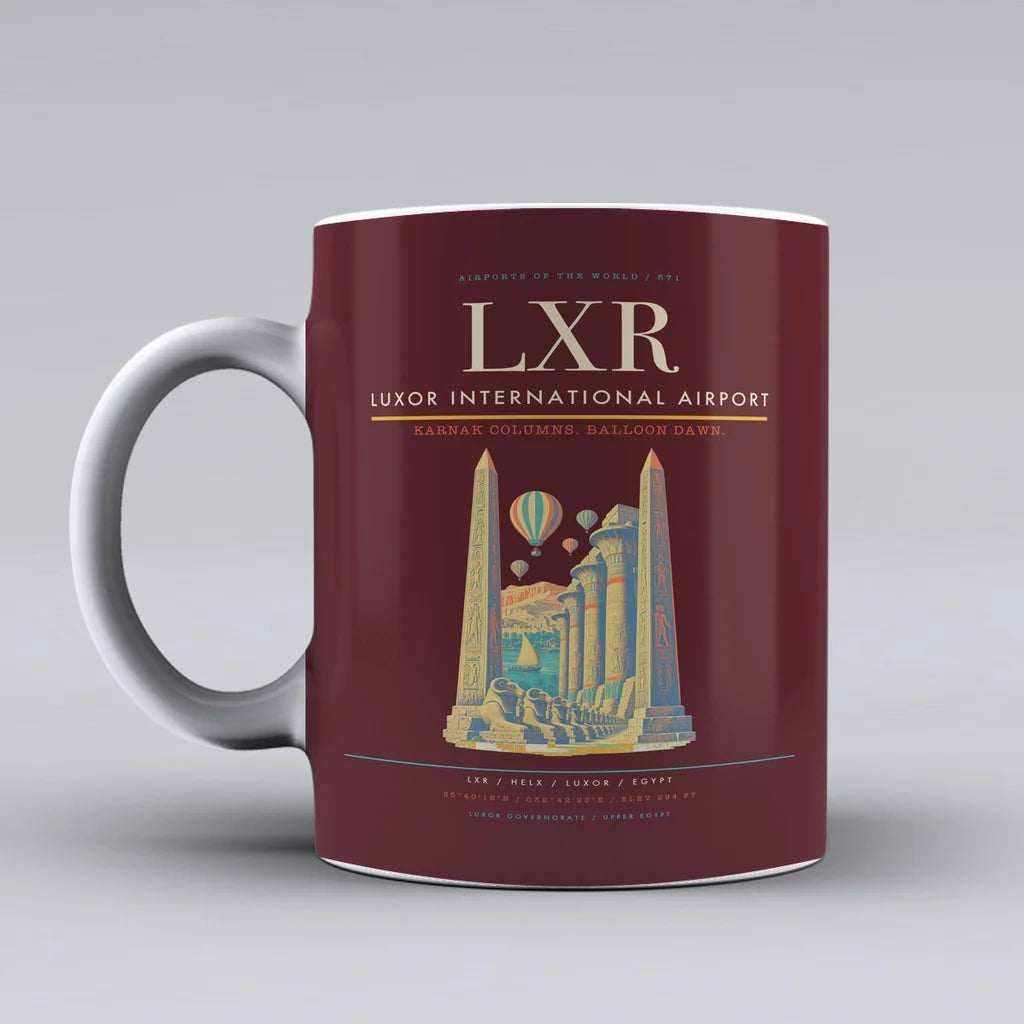 International Airport LXR Mug design on dark red luxor