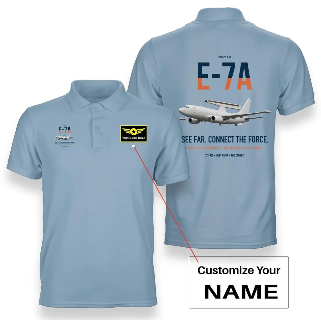 E-7A Wedgetail design on light blue+name double-side polo t-shirt, double-side print