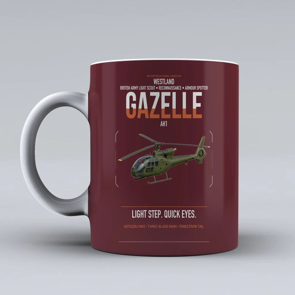 Westland Gazelle AH1 design on dark red ceramic mug, double-side print