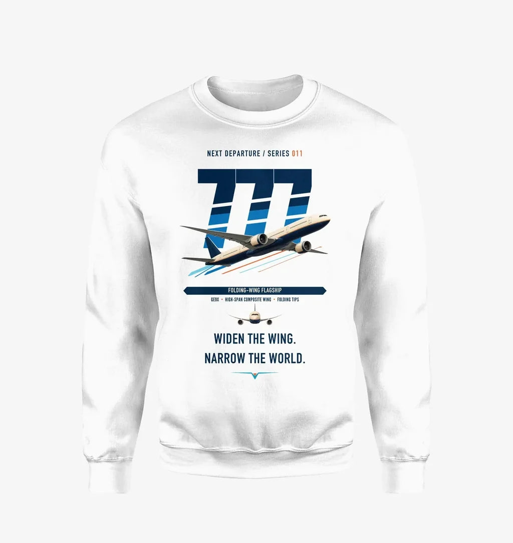 Boeing 777-9 design on white sweatshirt