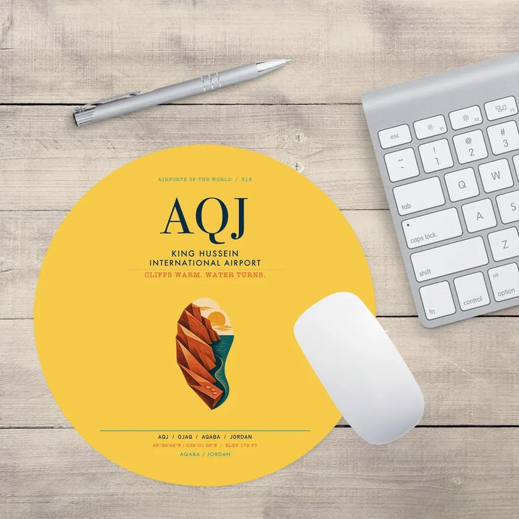 King Hussein International Airport (AQJ) design on yellow round mouse pad