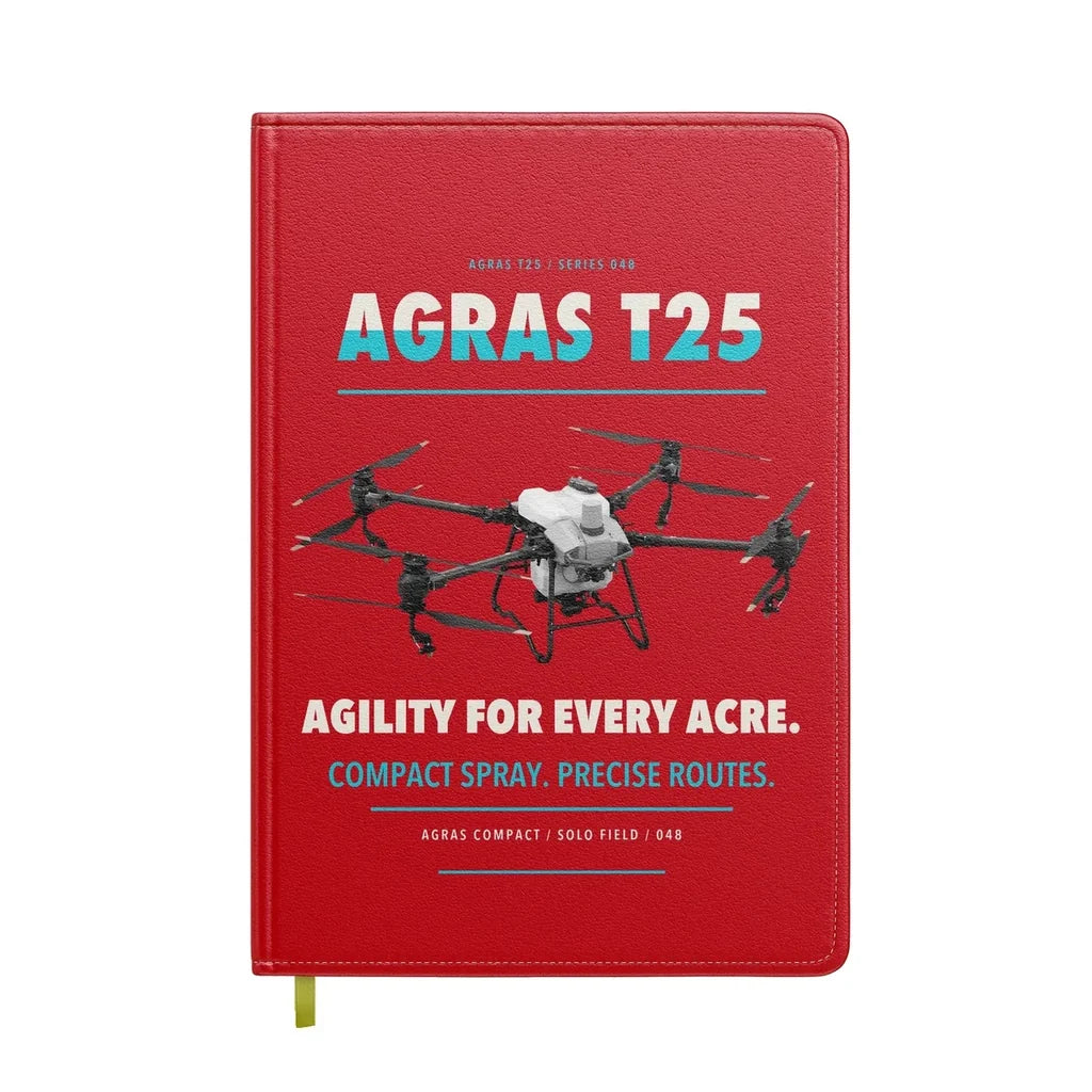 DJI Agras T25 design on red notebook