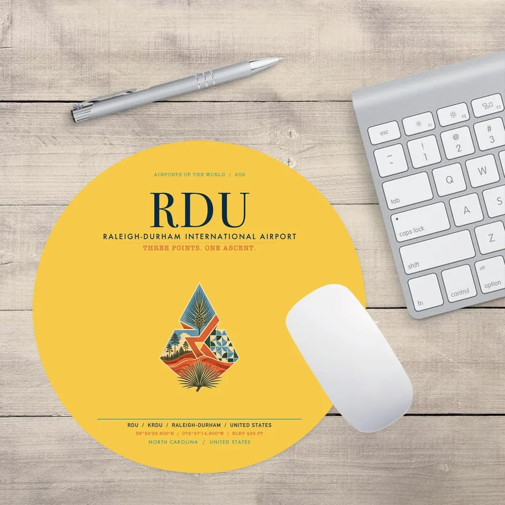 Raleigh-Durham International Airport (RDU) design on yellow round mouse pad