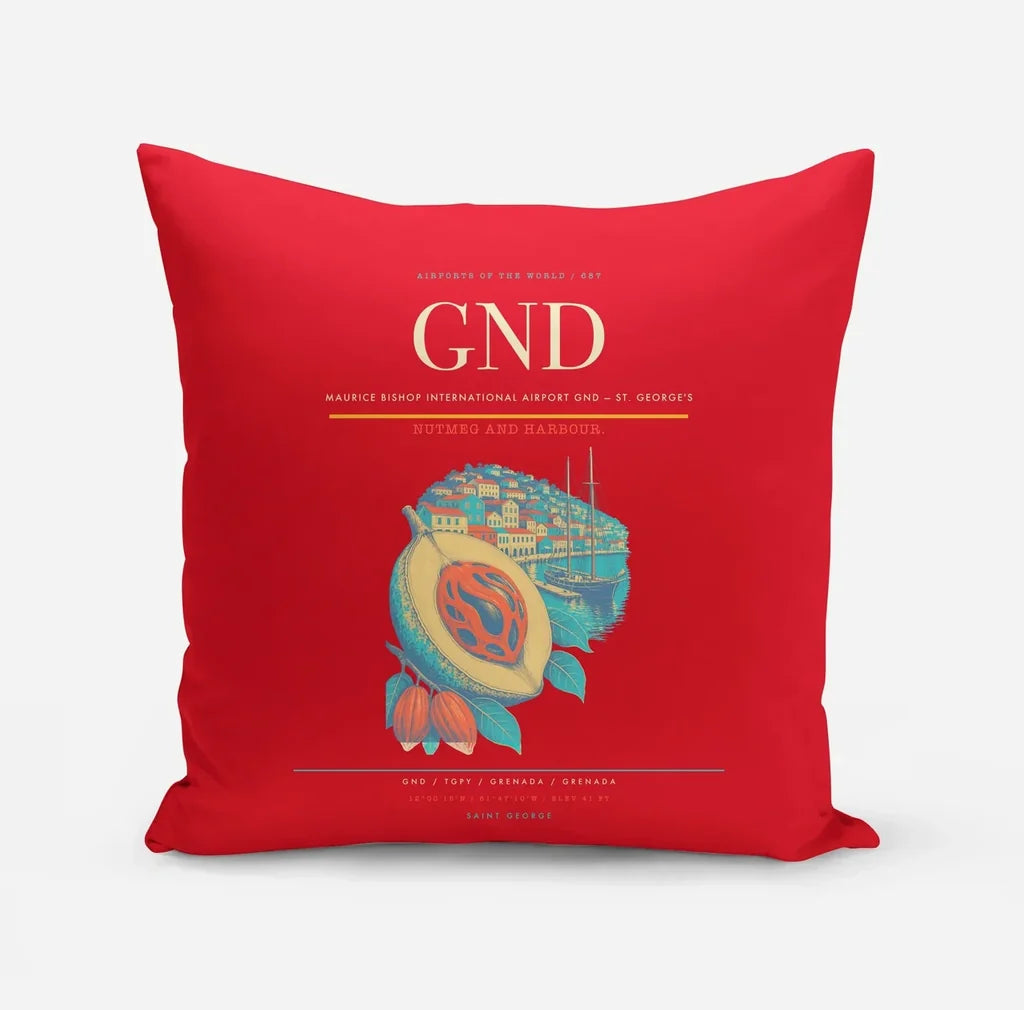 Maurice Bishop International Airport (GND) design on red pillow