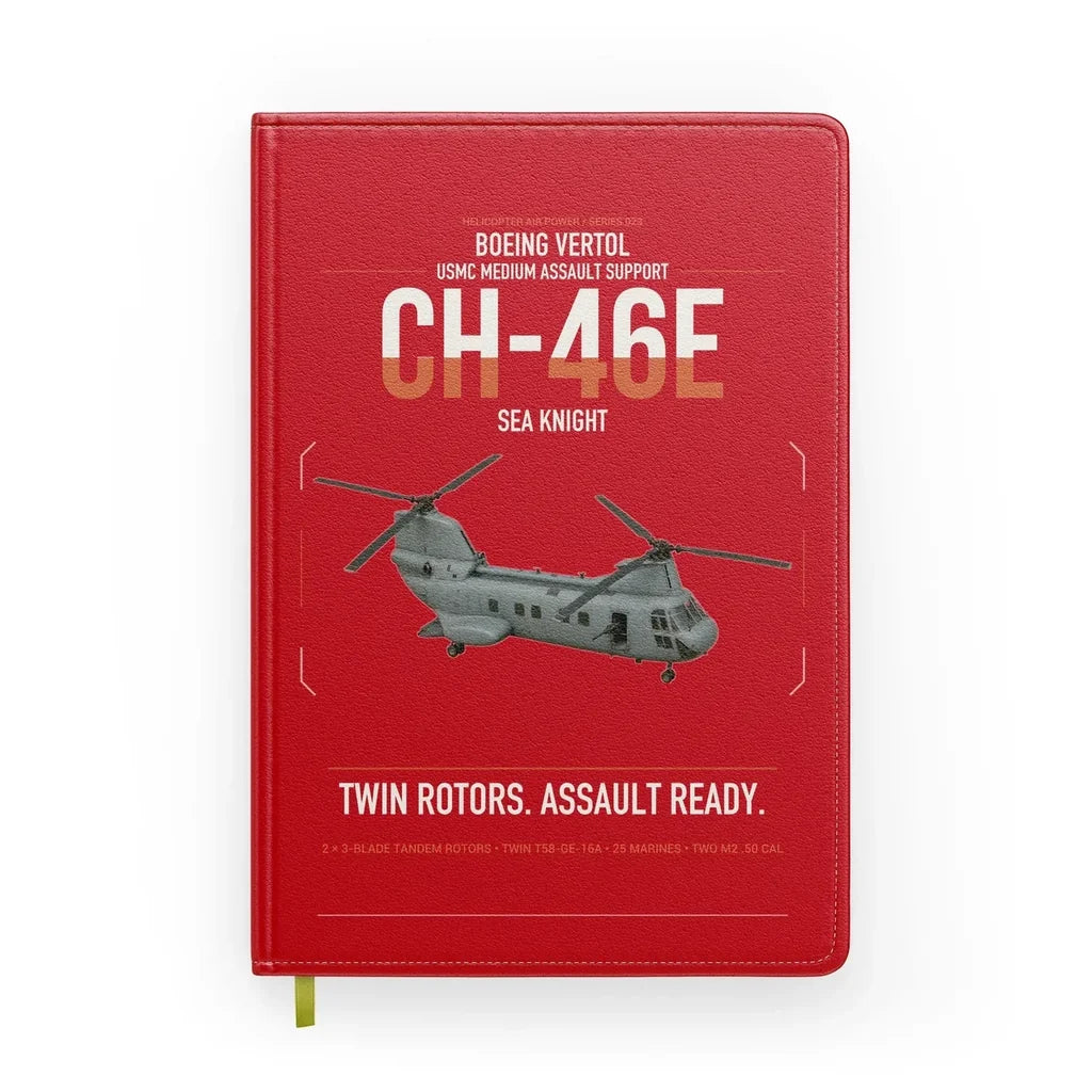 Boeing Vertol CH-46E Sea Knight design on red notebook