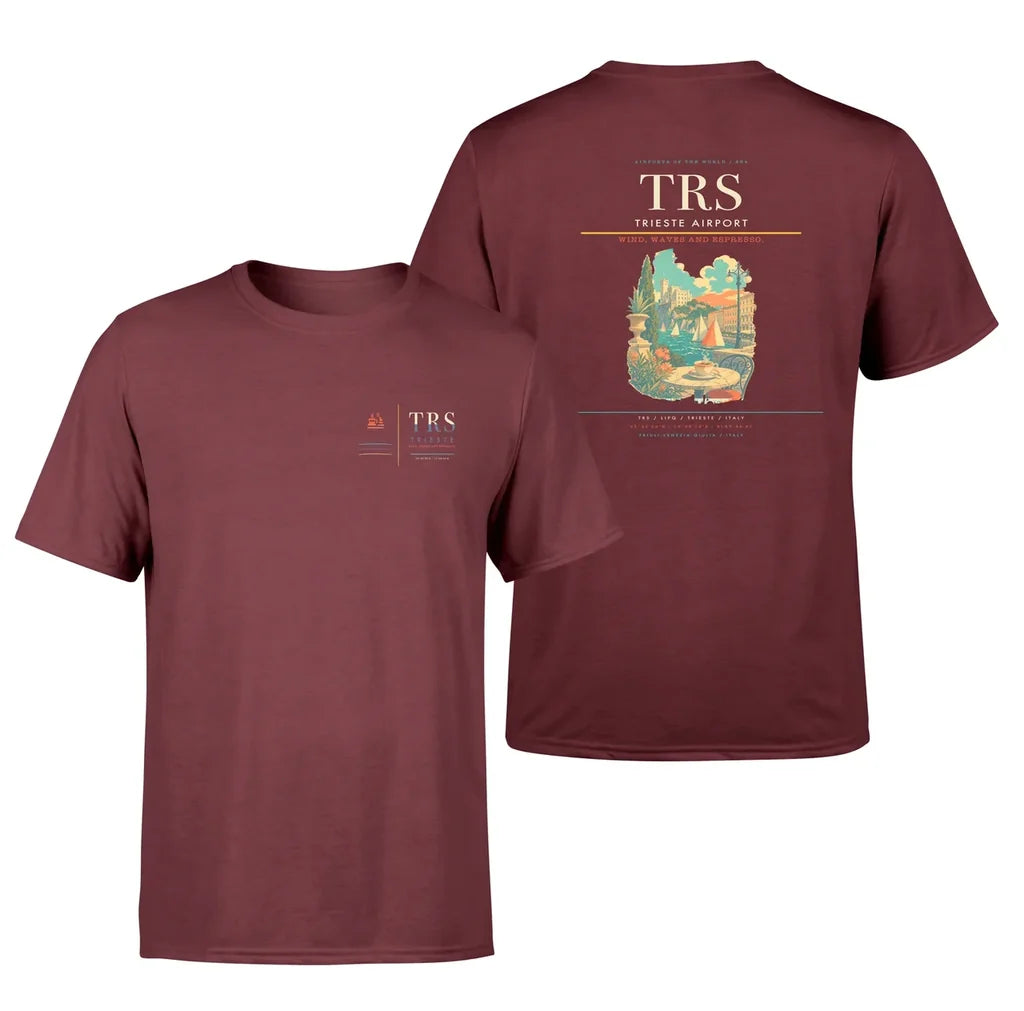 Trieste Airport (TRS) design printed on dark red double-side t-shirt