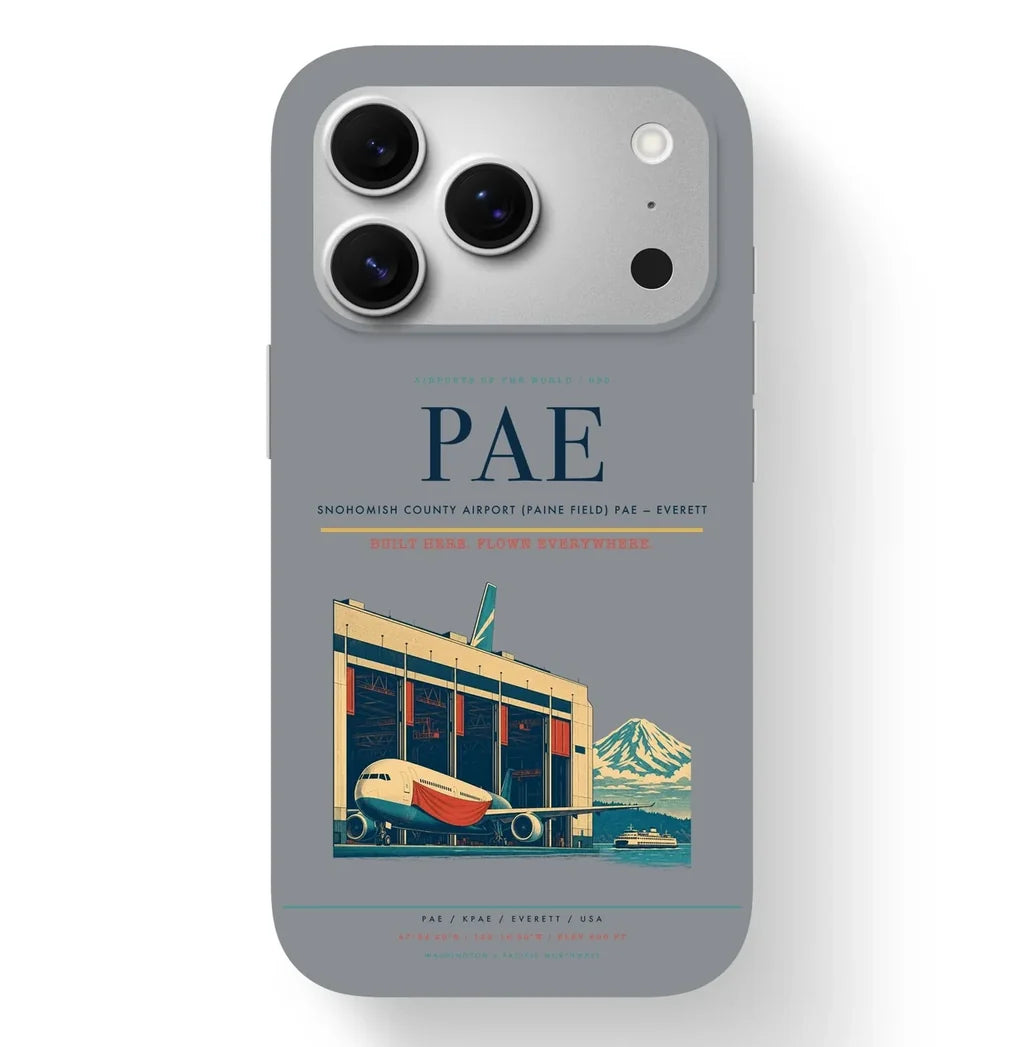 Everett Airport (PAE) design on gray iPhone 17 Pro MagSafe case