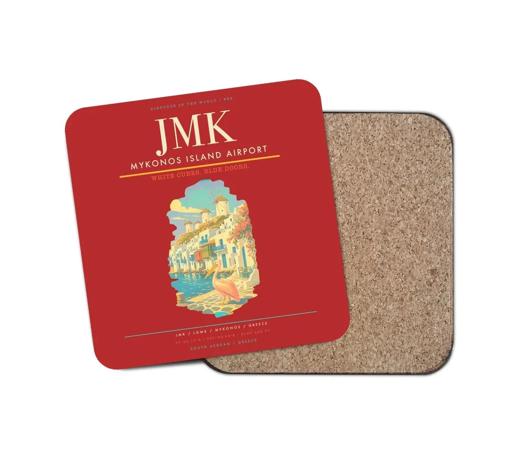Mykonos Island Airport (JMK) design on red 1 piece coaster