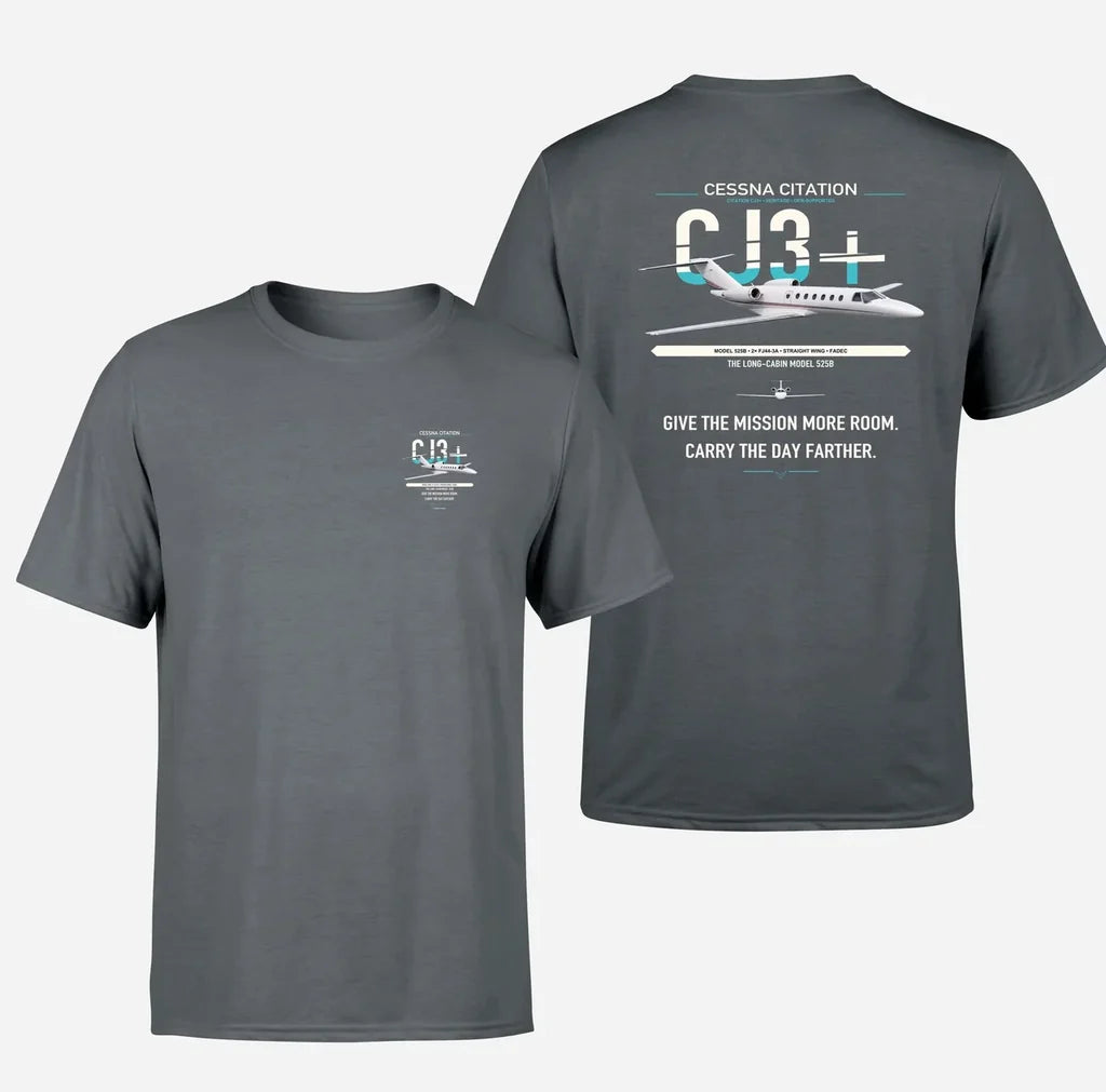 Cessna Citation CJ3+ design on gray double-side t-shirt, double-side print