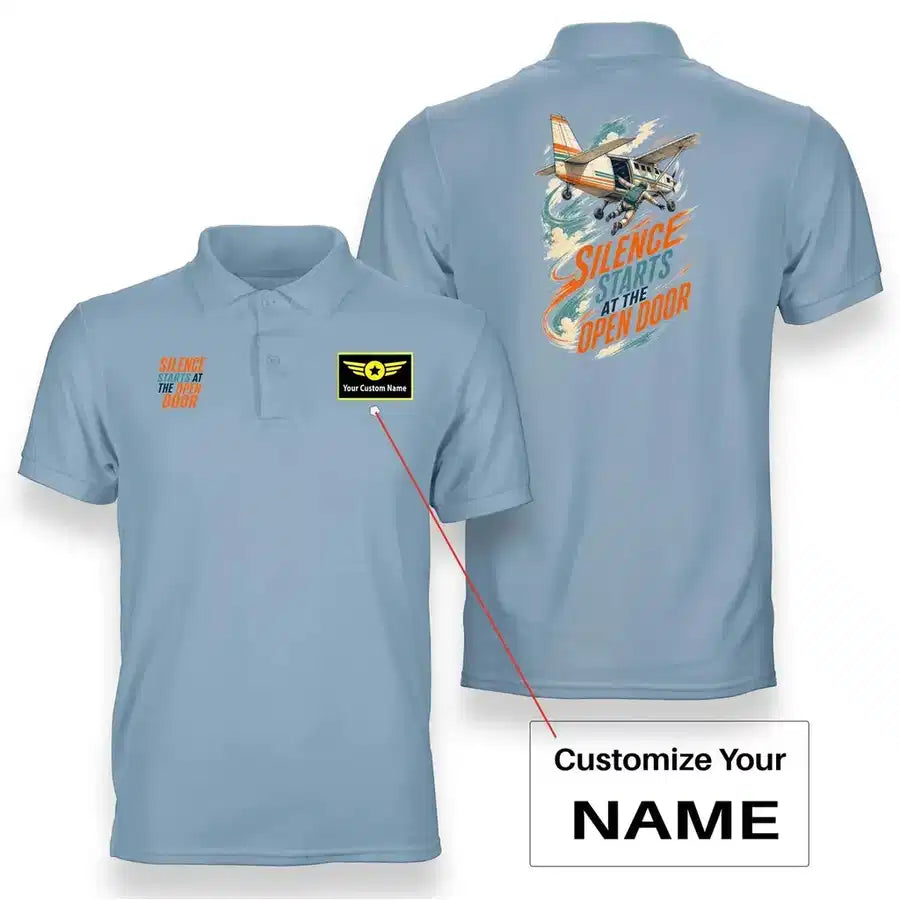 SIGNAL 657 - Silence Starts At The Open Door - Double-Side Polo design on light blue double side polo with custom name badge