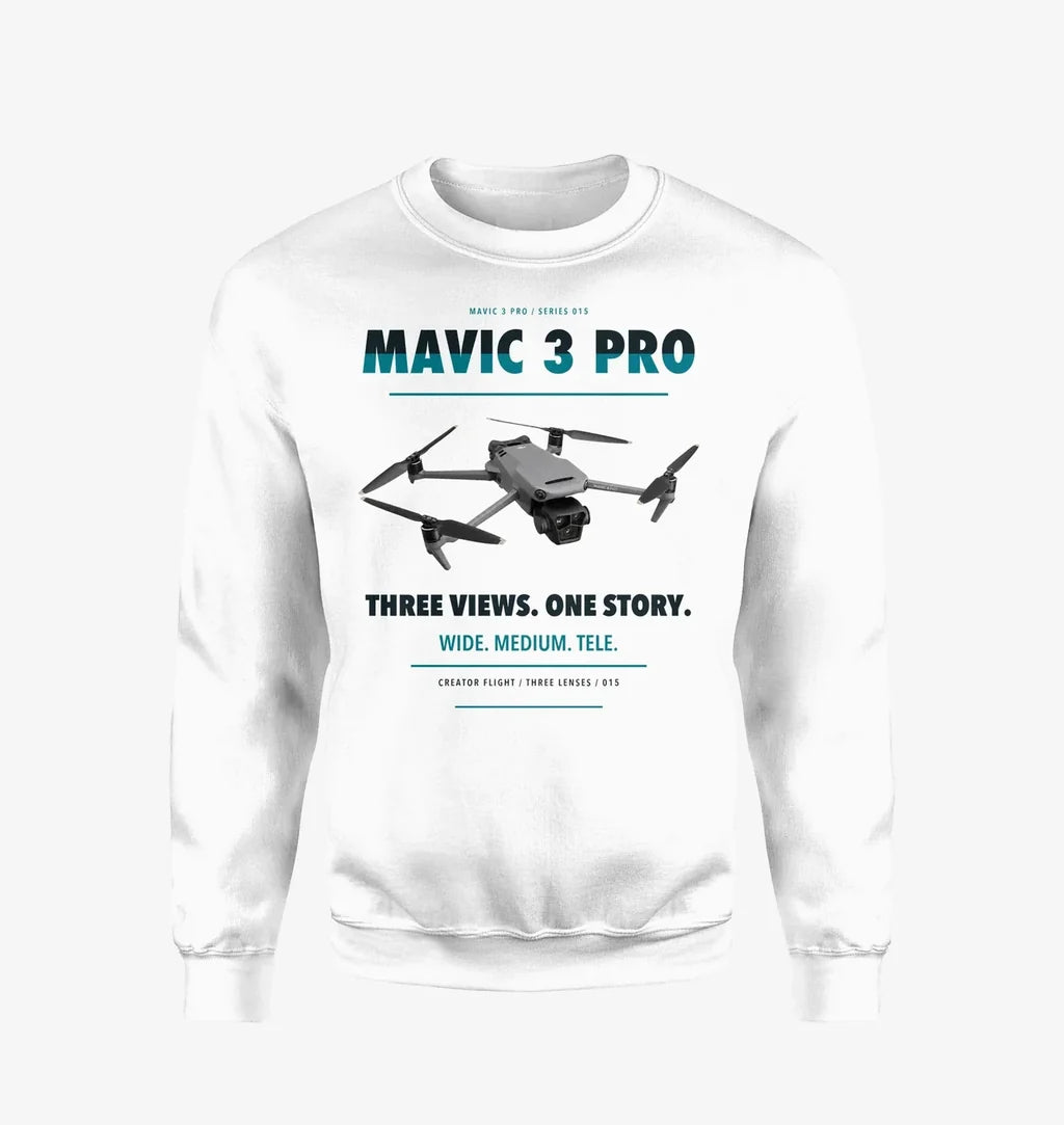 DJI Mavic 3 Pro design on white sweatshirt