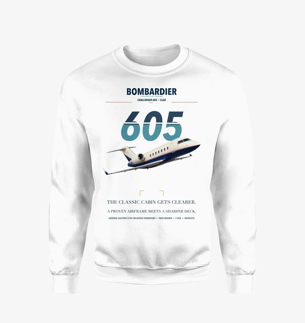 Bombardier Challenger 605 design on white sweatshirt