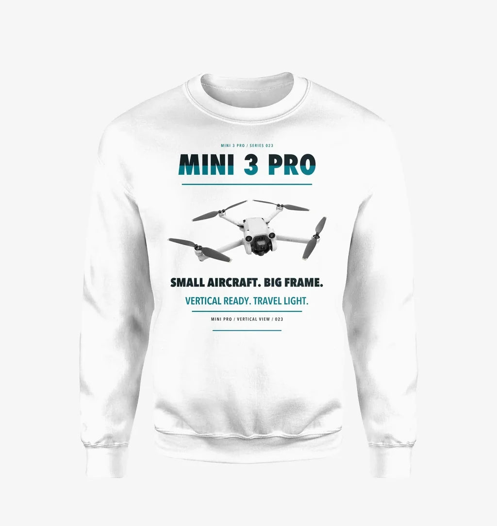 DJI Mini 3 Pro design on white sweatshirt