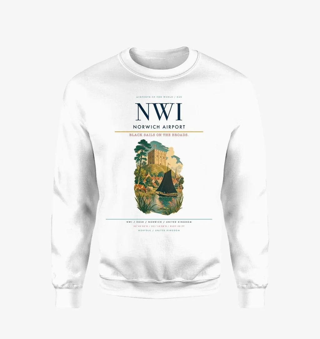 Norwich Airport (NWI) design on white sweatshirt