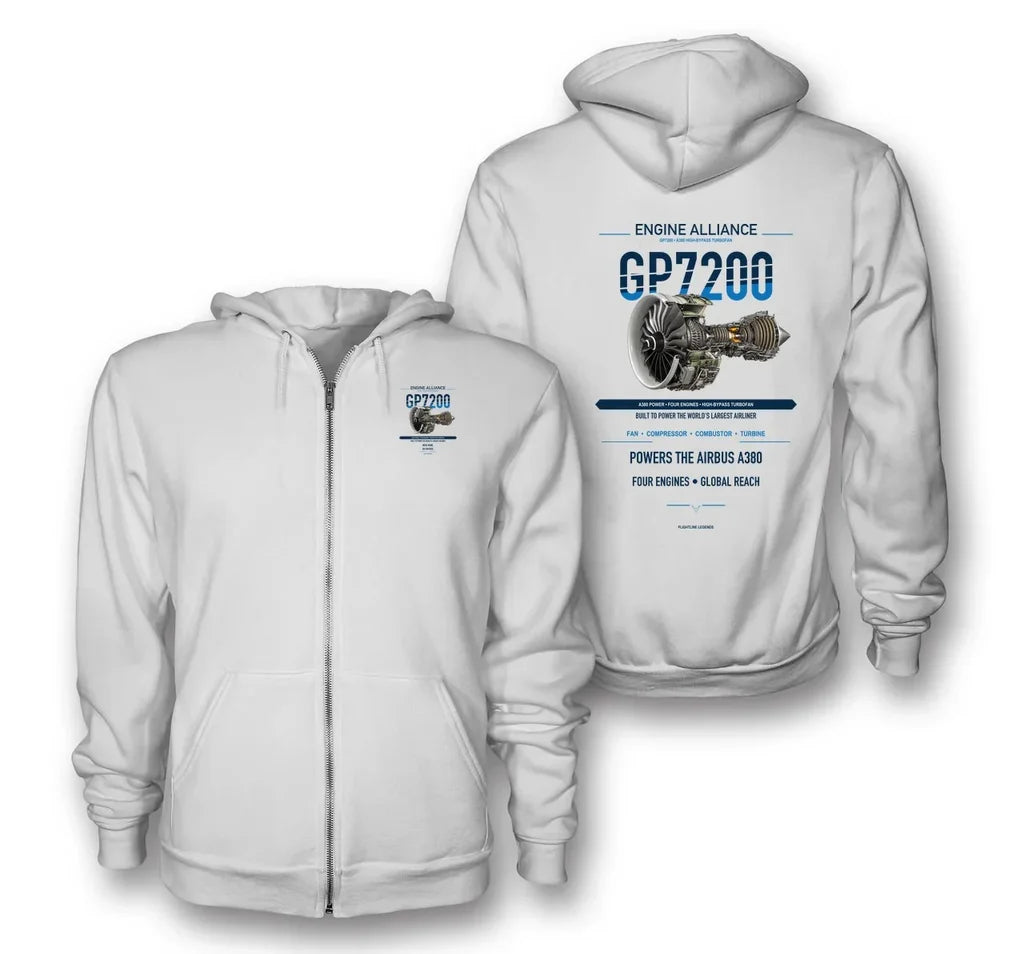 GP7200 design on white zipped hoodie