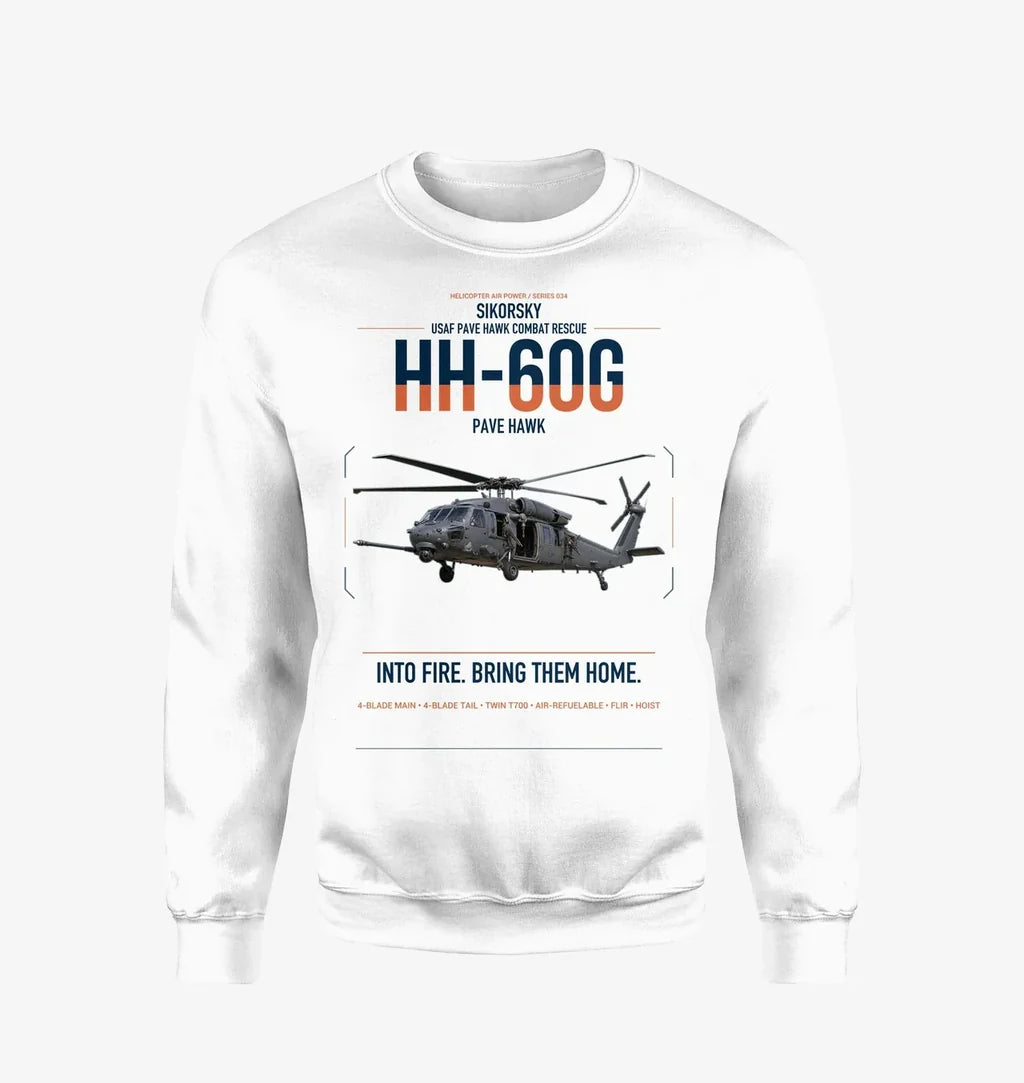 Sikorsky HH-60G Pave Hawk design on white sweatshirt