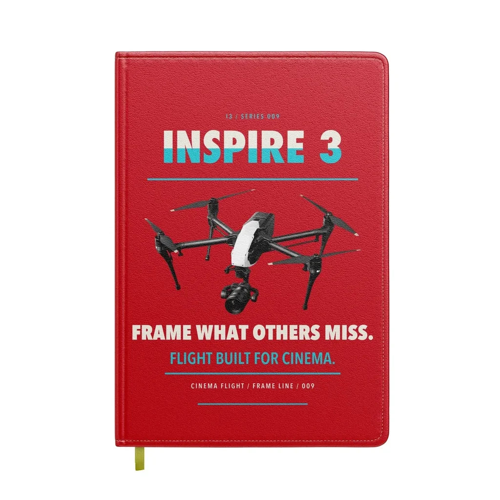 DJI Inspire 3 design on red notebook