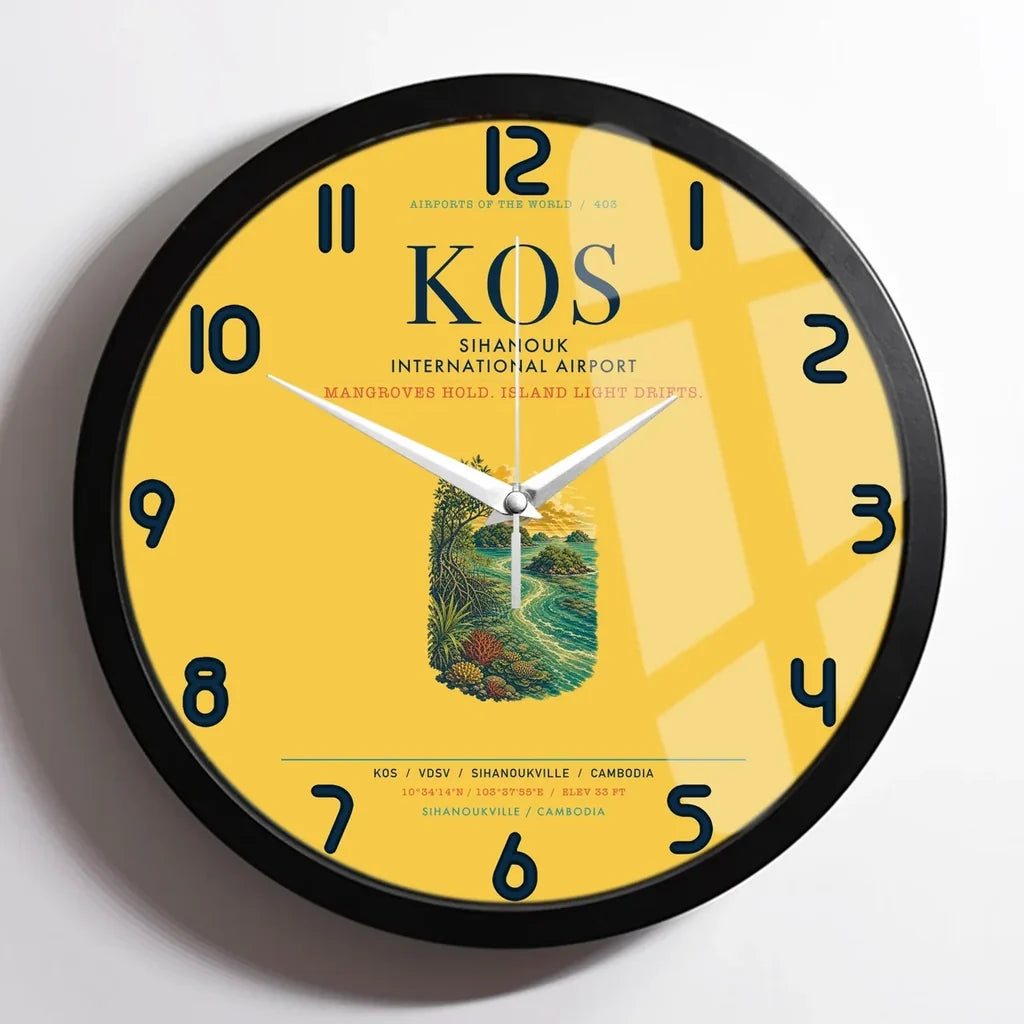 Sihanouk International Airport Sihanoukville (KOS) design on yellow framed wall clock
