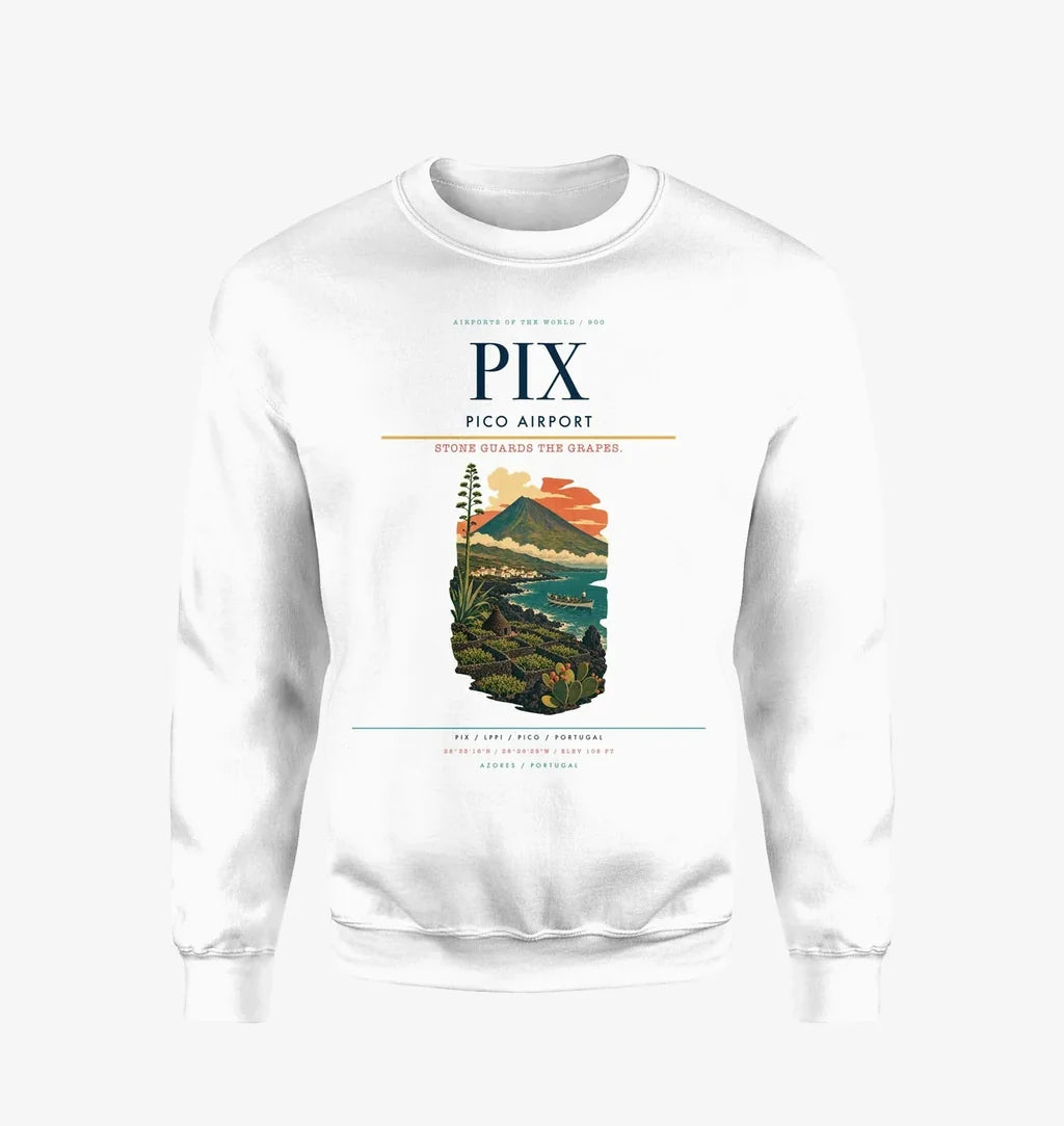 Pico Airport (PIX) design on white sweatshirt