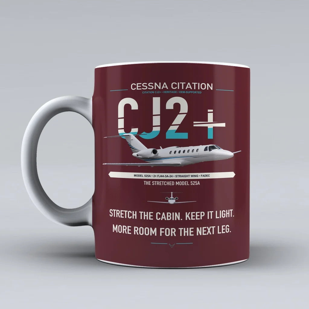 Cessna Citation CJ2+ design on dark red ceramic mug, double-side print