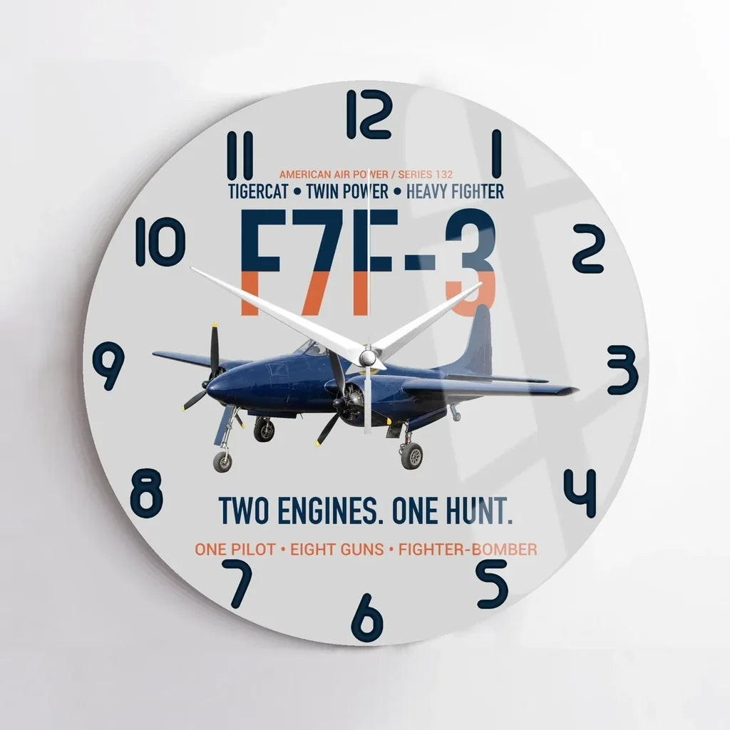 F7F-3 Tigercat Two Engines One Hunt design on light gray no frame wall clock