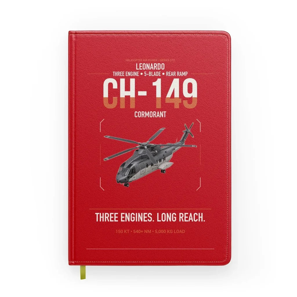 Leonardo CH-149 Cormorant design on red notebook