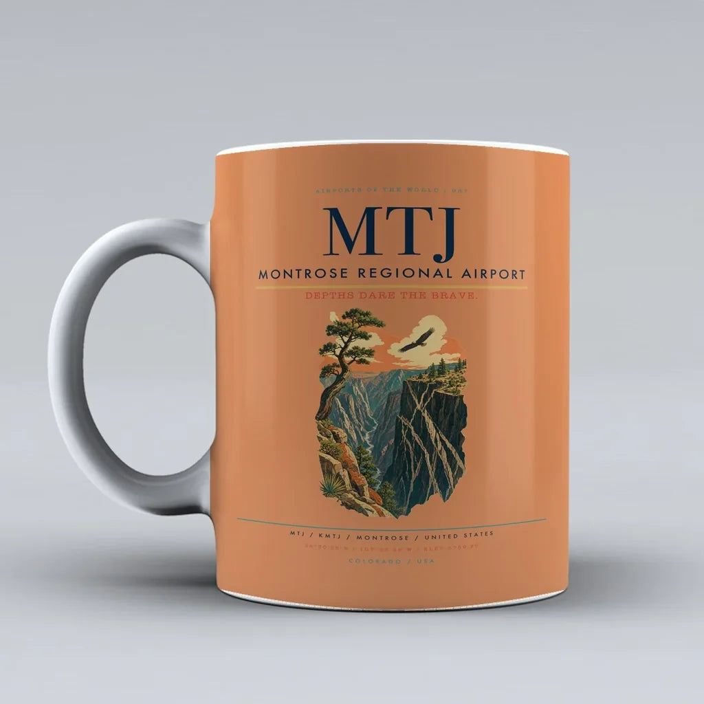 Montrose Regional Airport (MTJ) airport code design on orange ceramic mug