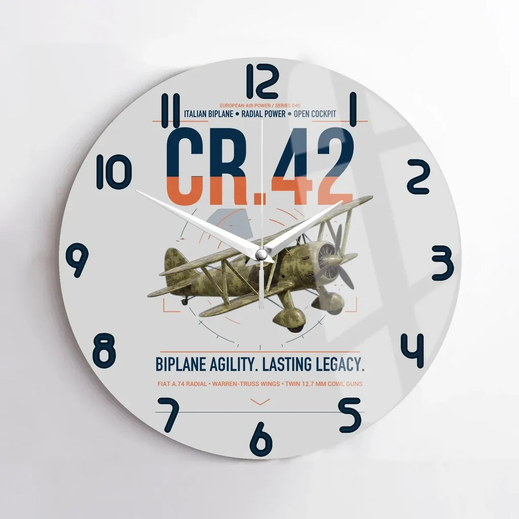 Fiat CR.42 Falco design on light gray no frame wall clock