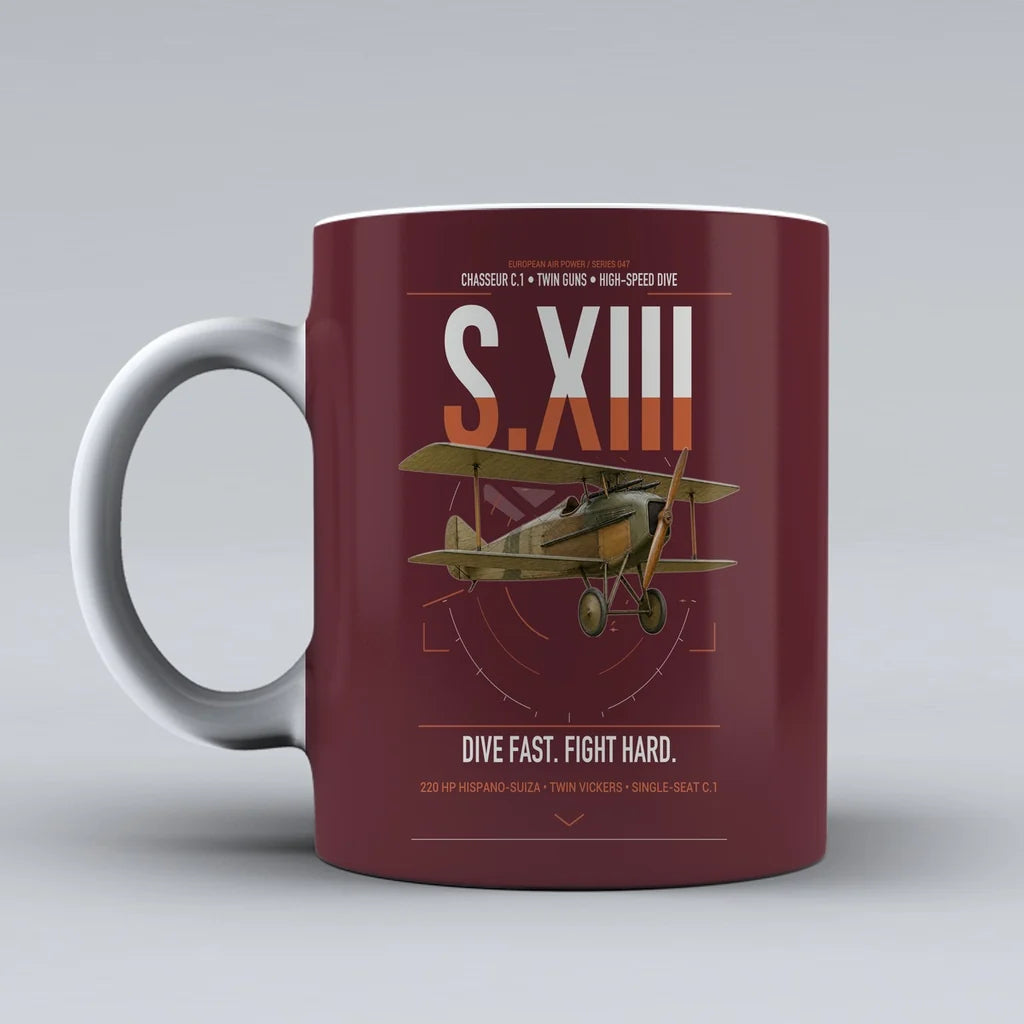 SPAD S.XIII C.1 design on dark red ceramic mug, double-side print