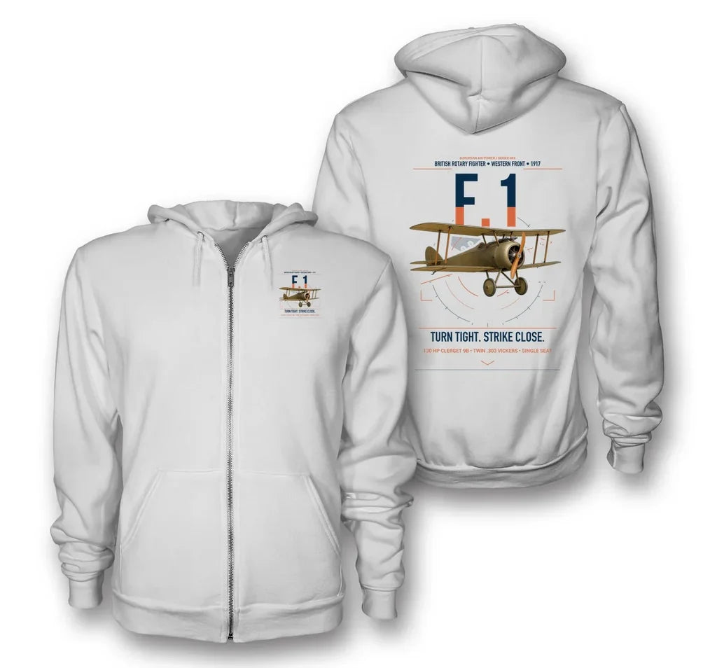 Sopwith Camel F.1 design on white premium zipped hoodie, double-side print