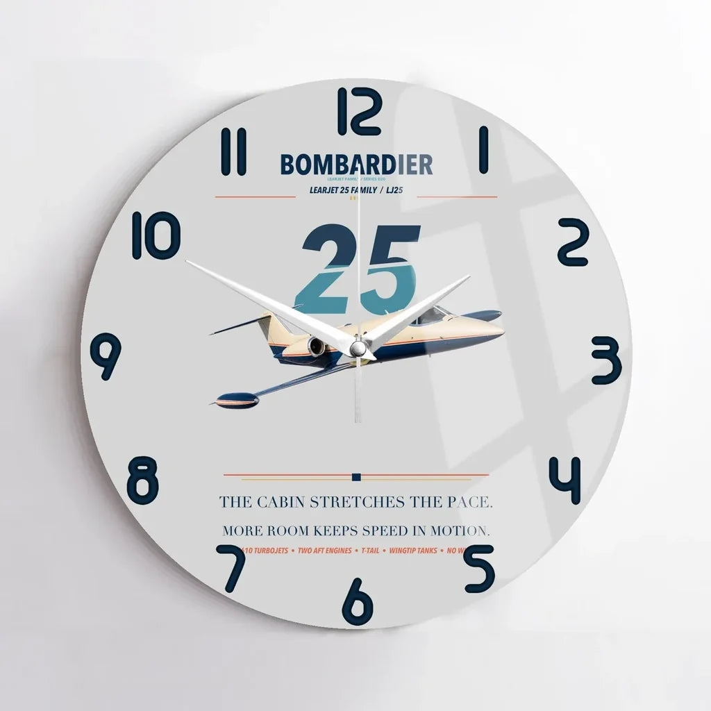 Bombardier Learjet 25 design on light gray no frame wall clock