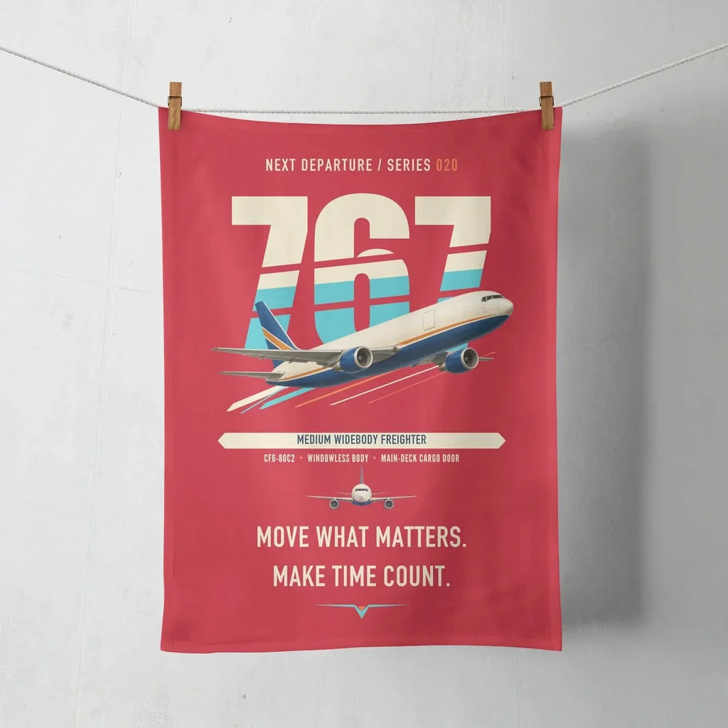 Boeing 767-300F design on red towel