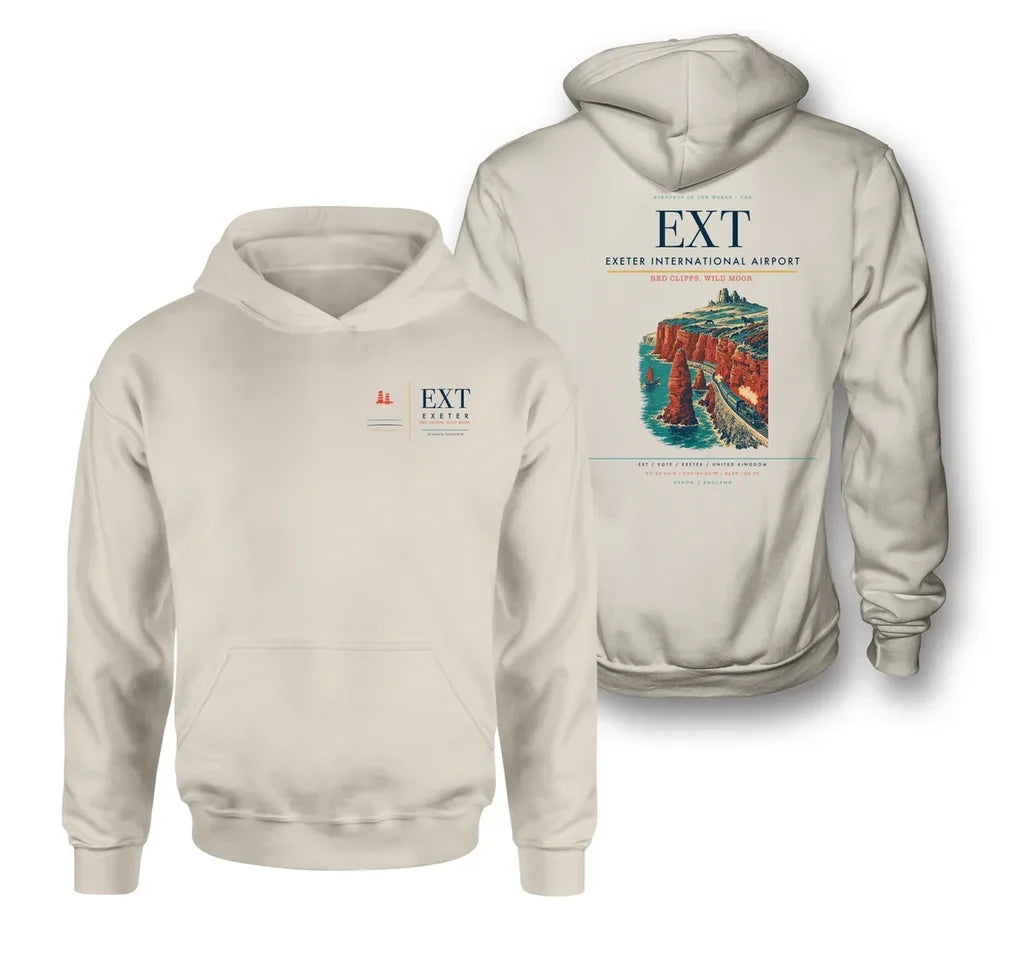 Exeter International Airport (EXT) design on khaki double-side hoodie