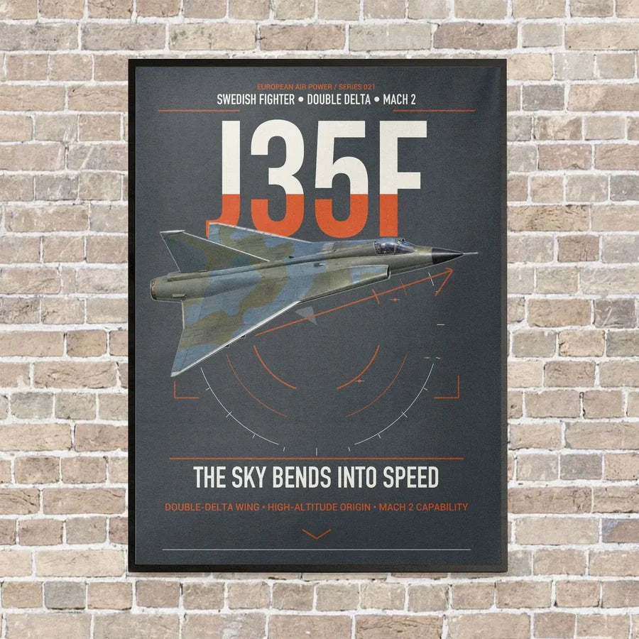 Saab J 35F Draken vertical canvas print - framed - gray background