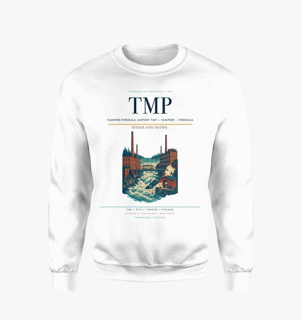 Tampere-Pirkkala Airport (TMP) design on white sweatshirt
