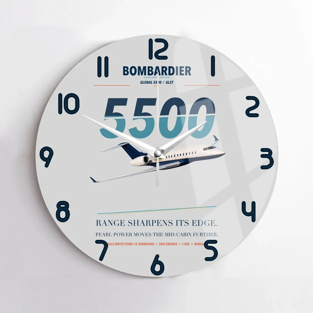 Bombardier Global 5500 design on light gray no frame wall clock