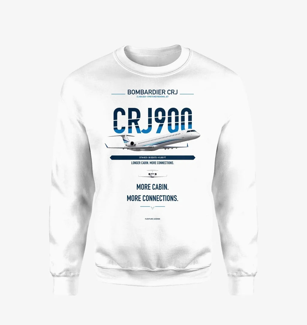 Bombardier CRJ900 design on white sweatshirt